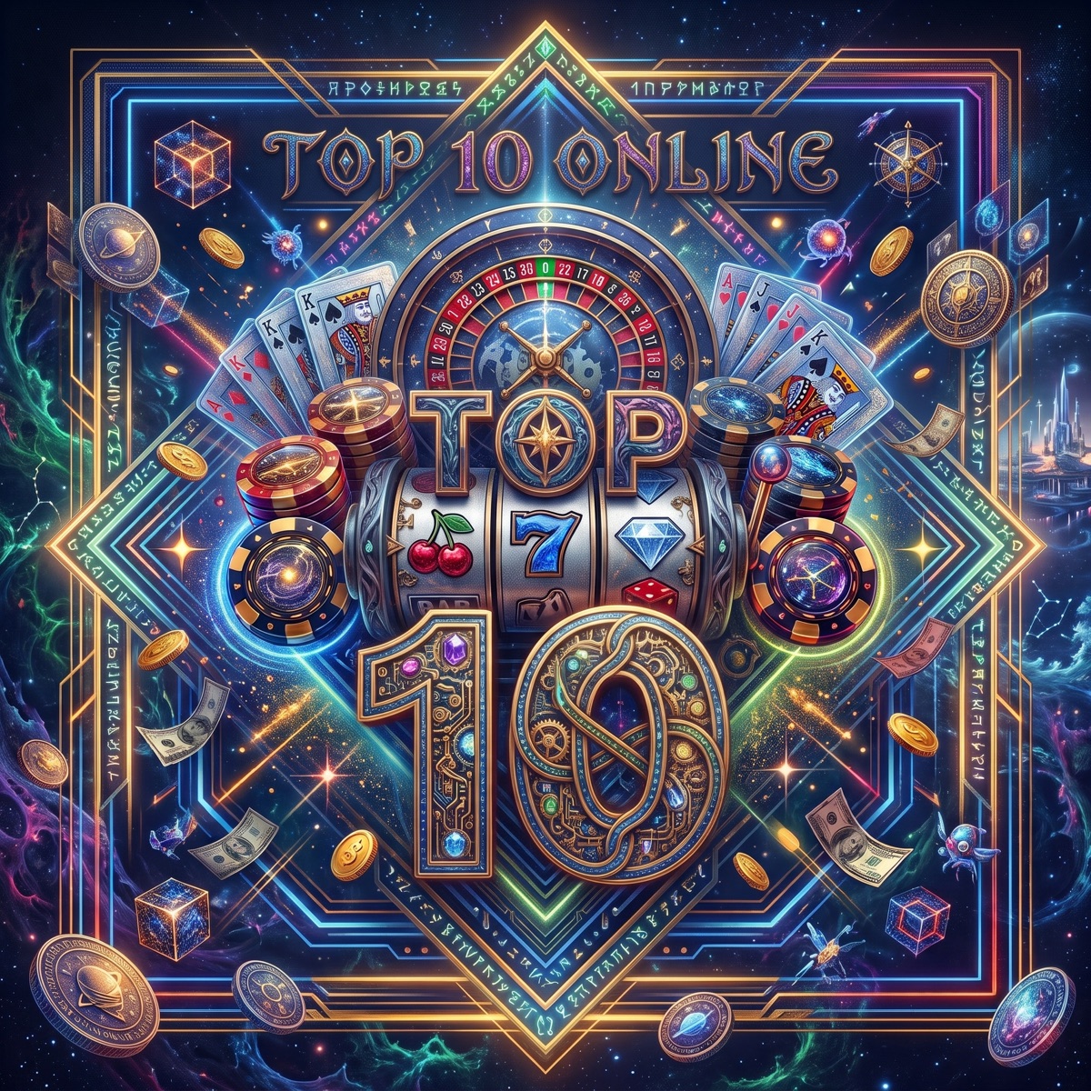 Illustrated casino scene with a slot machine, cards and gold lettering reading Top 10 Online